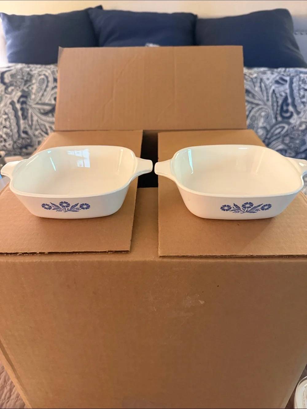 Corningware White Ceramic Baking Dishes with Blue Floral Accents (Pair)